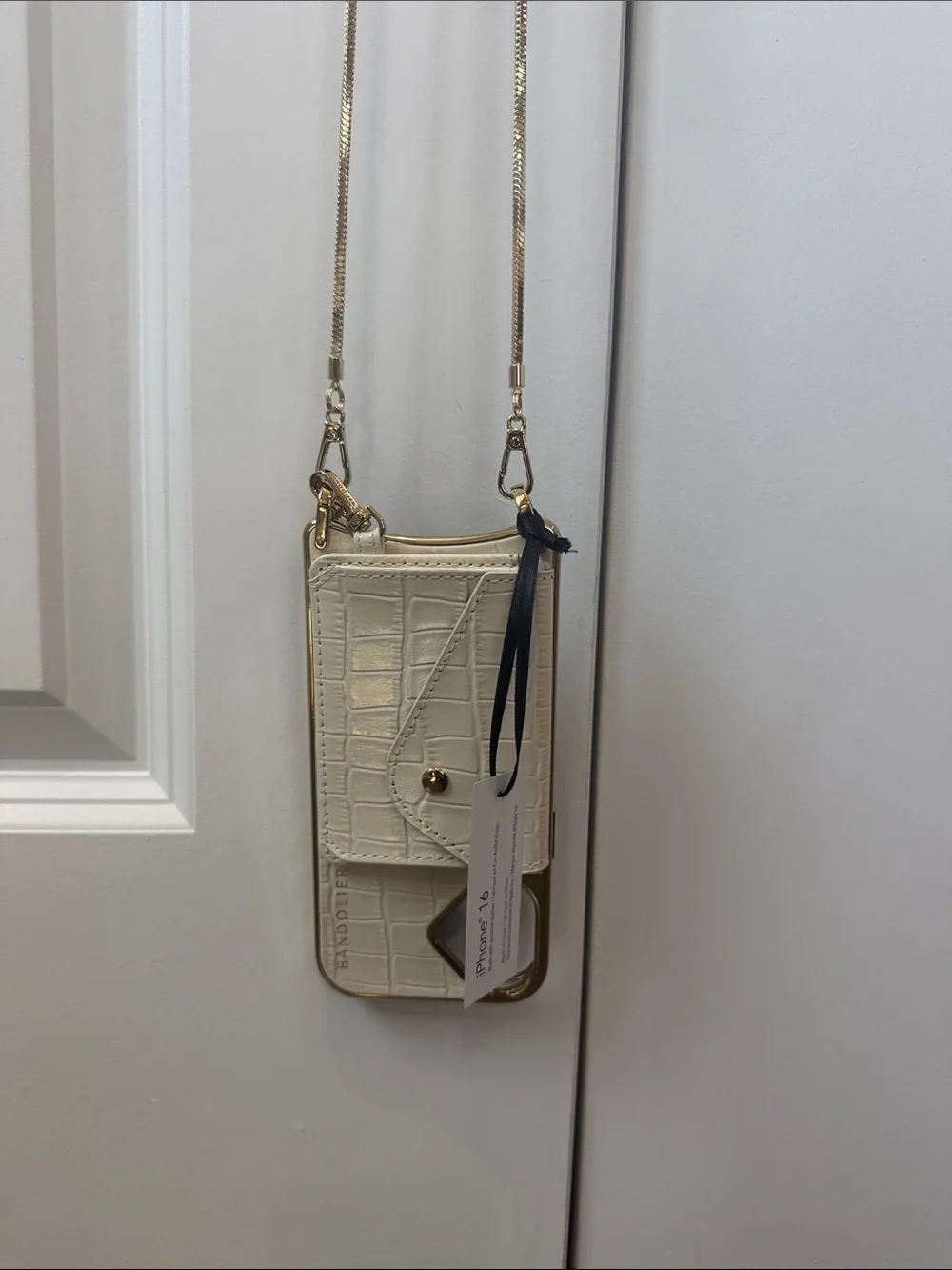 Bandolier Cream Croc Crossbody Phone Case with Gold Chain